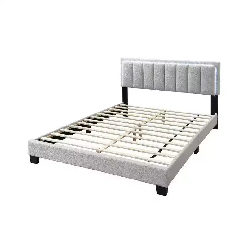 Lit Queen Size Royal Hampton, tête de lit LED, revêtement en laine gris clair capitonné