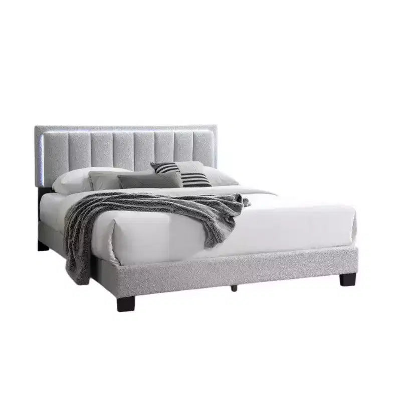 Royal Hampton Queen Size Bed, LED Headboard, Tufted Light Gray Wool Upholstery