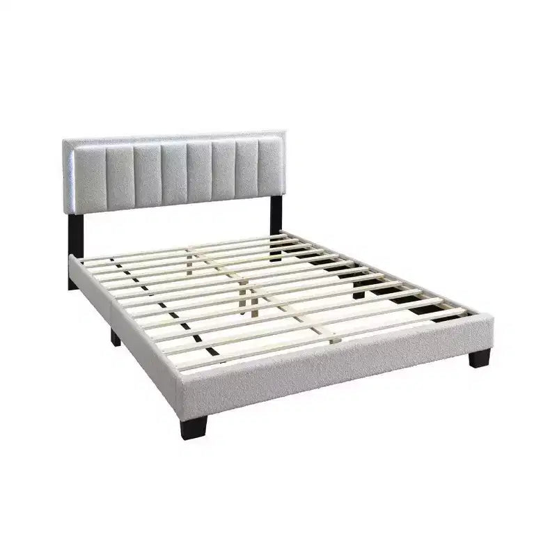 Royal Hampton Queen Size Bed, LED Headboard, Tufted Light Gray Wool Upholstery