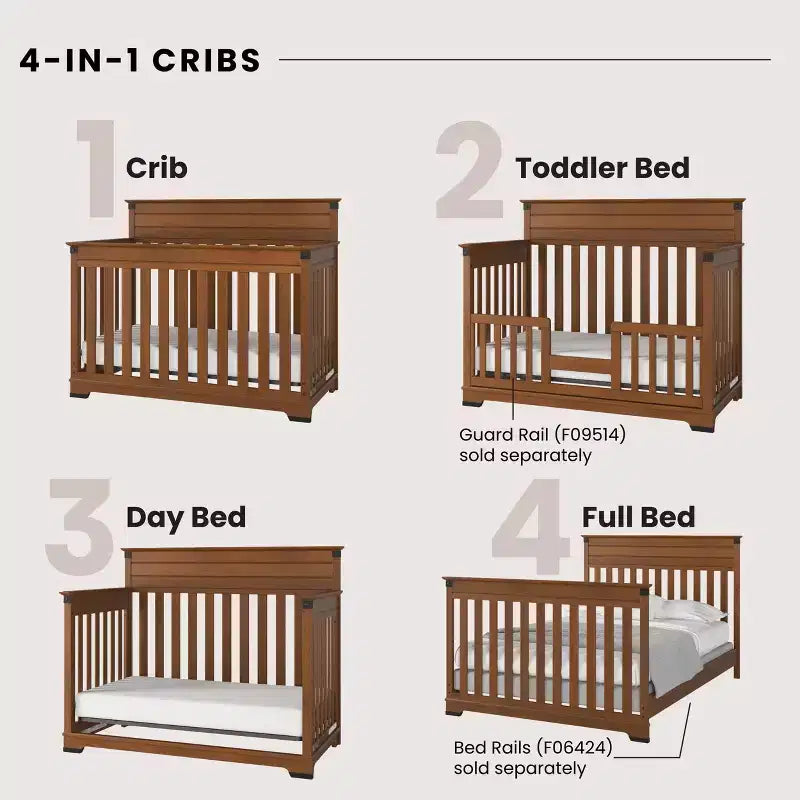 4-in-1 Convertible Crib, Converts to Toddler Bed, Day Bed & Full Size Bed, 3 Mattress Positions, Baby Safe Finish (Coach Cherry)