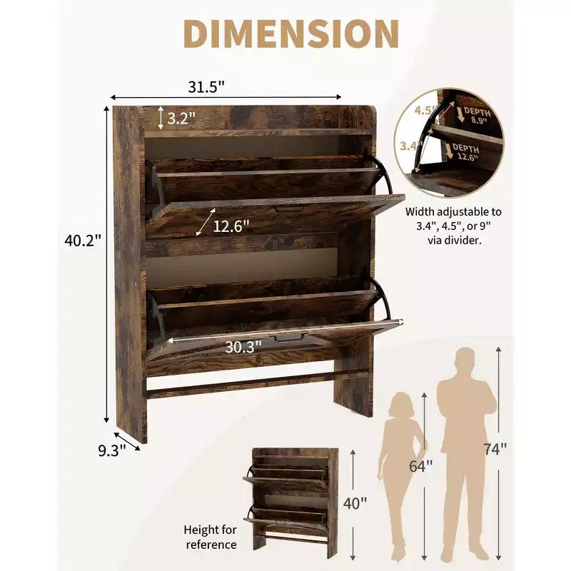 Meuble de rangement à chaussures mince avec 2 tiroirs basculants - Organiseur de style ferme rustique pour entrée, gain de place