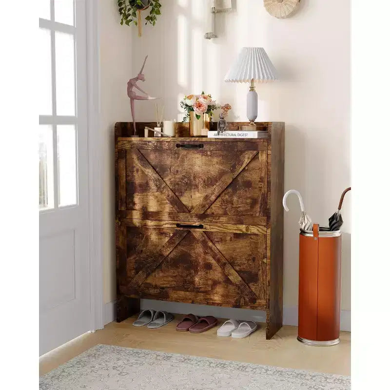 Meuble de rangement à chaussures mince avec 2 tiroirs basculants - Organiseur de style ferme rustique pour entrée, gain de place