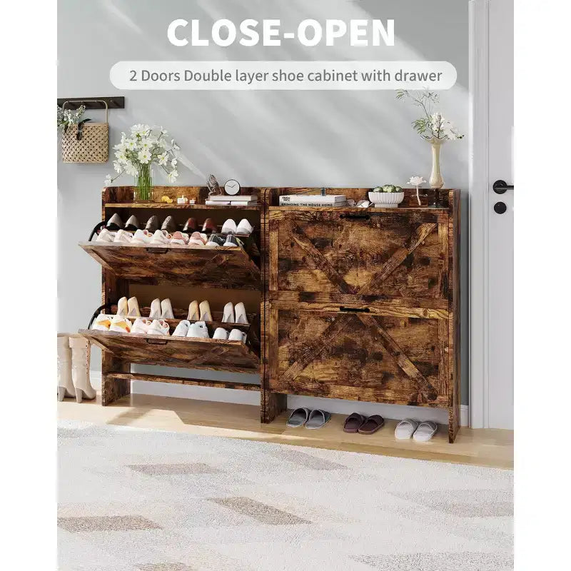 Meuble de rangement à chaussures mince avec 2 tiroirs basculants - Organiseur de style ferme rustique pour entrée, gain de place