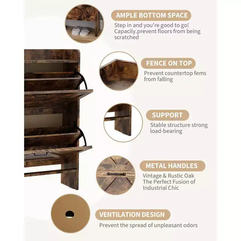 Meuble de rangement à chaussures mince avec 2 tiroirs basculants - Organiseur de style ferme rustique pour entrée, gain de place