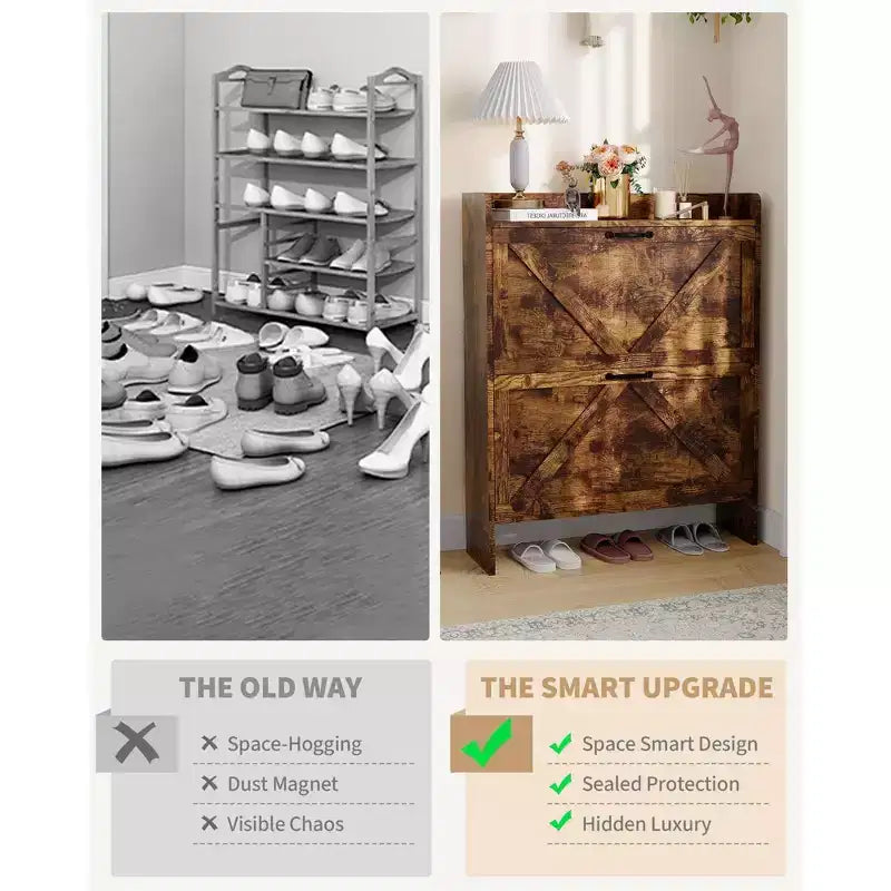 Meuble de rangement à chaussures mince avec 2 tiroirs basculants - Organiseur de style ferme rustique pour entrée, gain de place