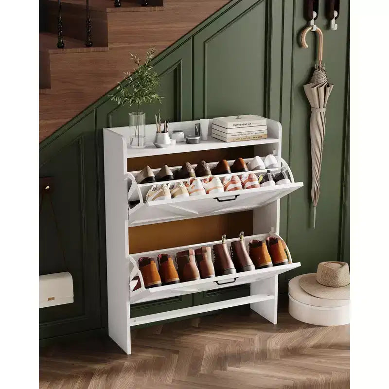 Meuble de rangement à chaussures mince avec 2 tiroirs basculants - Organiseur de style ferme rustique pour entrée, gain de place