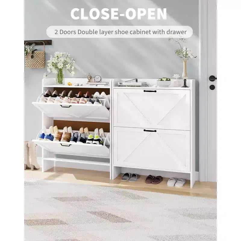 Meuble de rangement à chaussures mince avec 2 tiroirs basculants - Organiseur de style ferme rustique pour entrée, gain de place