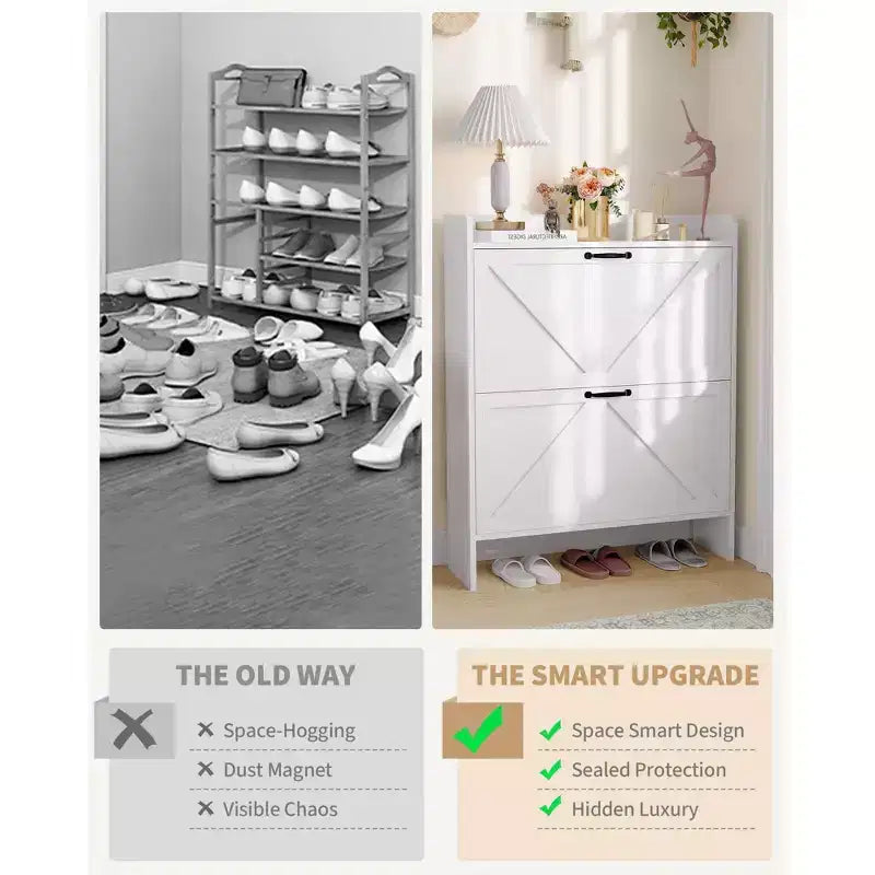 Meuble de rangement à chaussures mince avec 2 tiroirs basculants - Organiseur de style ferme rustique pour entrée, gain de place