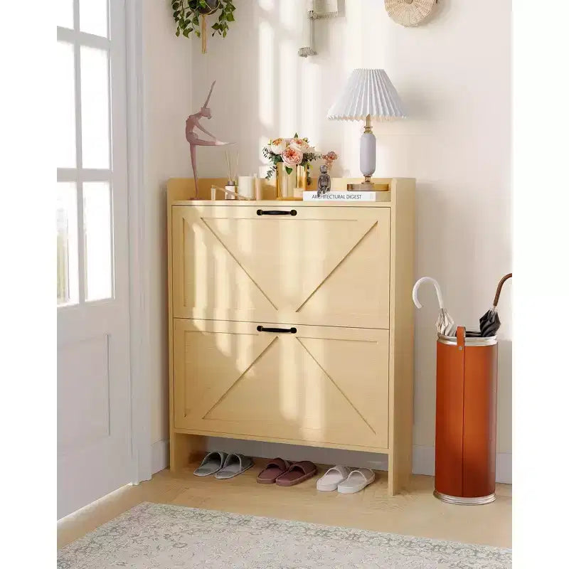 Meuble de rangement à chaussures mince avec 2 tiroirs basculants - Organiseur de style ferme rustique pour entrée, gain de place