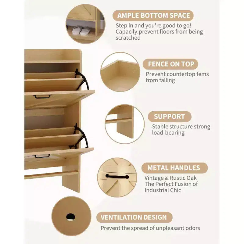 Meuble de rangement à chaussures mince avec 2 tiroirs basculants - Organiseur de style ferme rustique pour entrée, gain de place