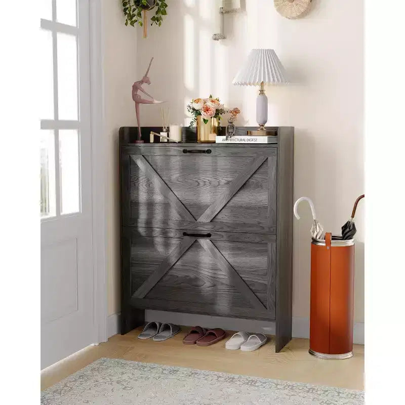 Meuble de rangement à chaussures mince avec 2 tiroirs basculants - Organiseur de style ferme rustique pour entrée, gain de place