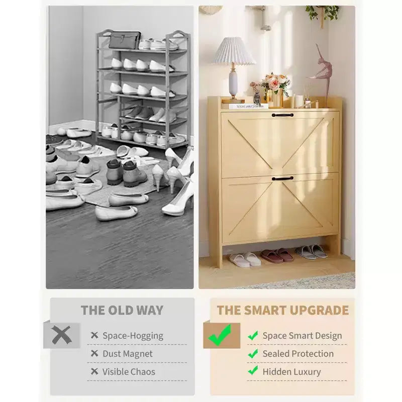 Meuble de rangement à chaussures mince avec 2 tiroirs basculants - Organiseur de style ferme rustique pour entrée, gain de place