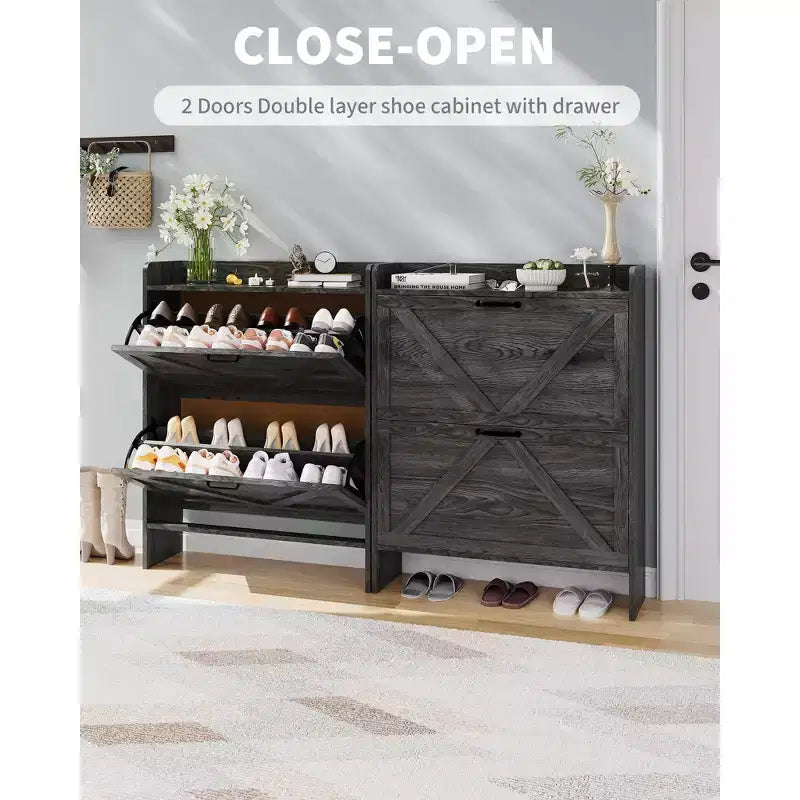Meuble de rangement à chaussures mince avec 2 tiroirs basculants - Organiseur de style ferme rustique pour entrée, gain de place
