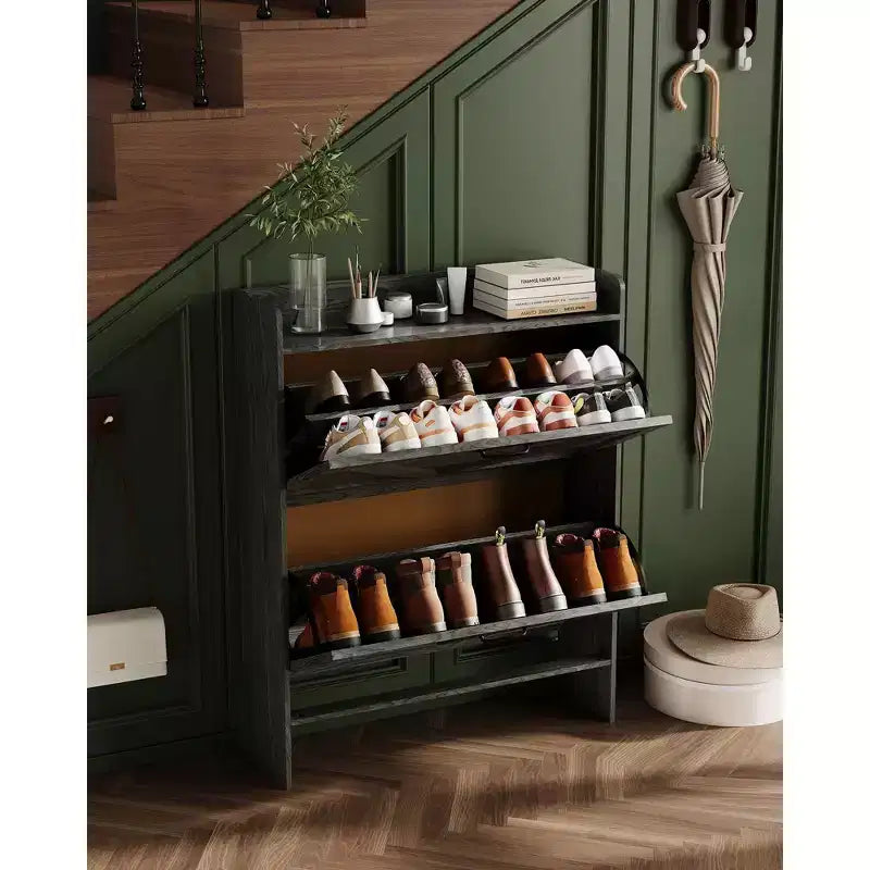 Meuble de rangement à chaussures mince avec 2 tiroirs basculants - Organiseur de style ferme rustique pour entrée, gain de place