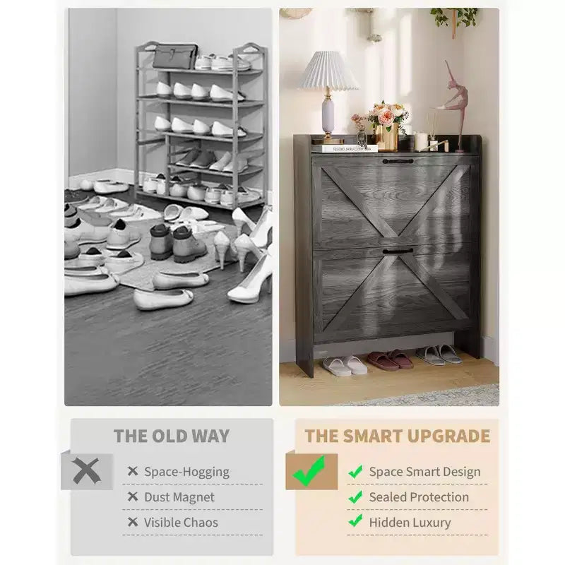 Meuble de rangement à chaussures mince avec 2 tiroirs basculants - Organiseur de style ferme rustique pour entrée, gain de place