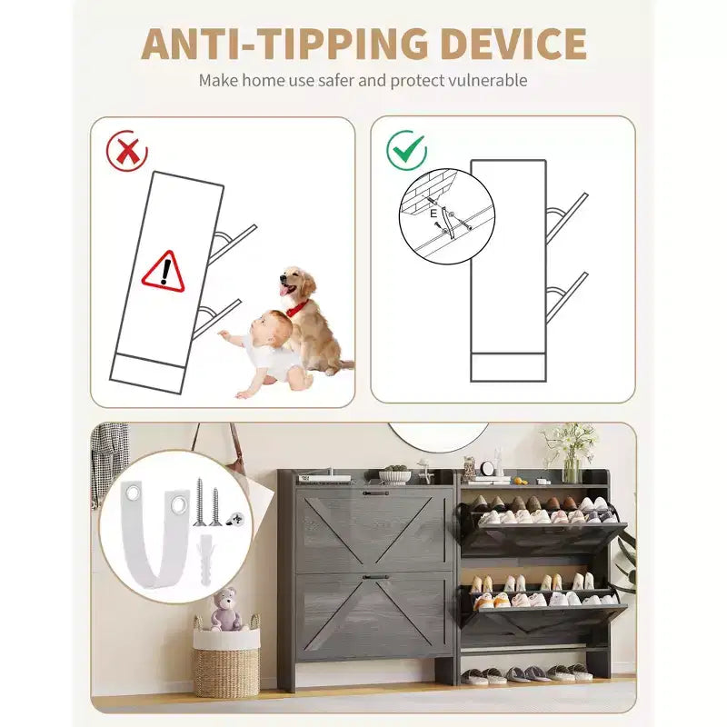 Meuble de rangement à chaussures mince avec 2 tiroirs basculants - Organiseur de style ferme rustique pour entrée, gain de place