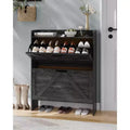 Slim Shoe Storage Cabinet with 2 Flip Drawers - Rustic Brown Farmhouse Organizer for Entryway, Saves Floor Space