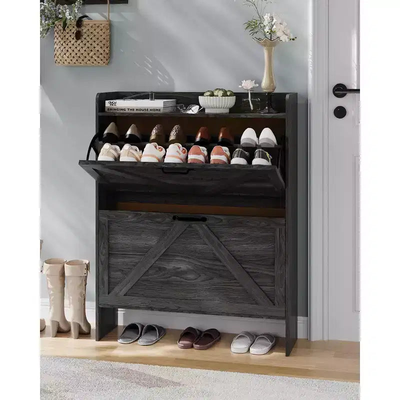 Slim Shoe Storage Cabinet with 2 Flip Drawers - Rustic Brown Farmhouse Organizer for Entryway, Saves Floor Space