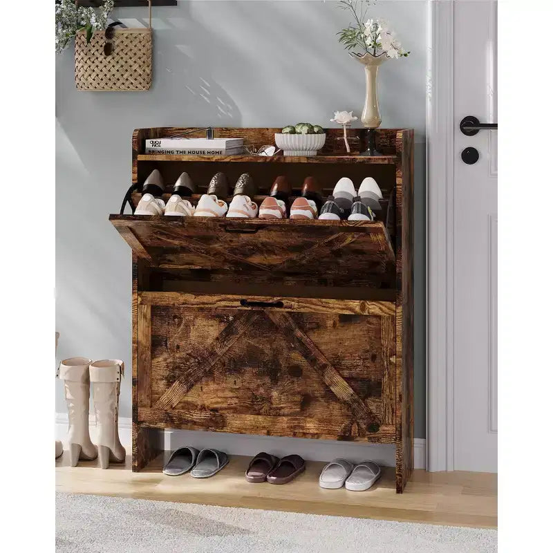 Meuble de rangement à chaussures mince avec 2 tiroirs basculants - Organiseur de style ferme rustique pour entrée, gain de place