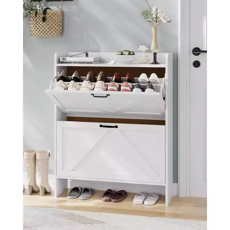 Meuble de rangement à chaussures mince avec 2 tiroirs basculants - Organiseur de style ferme rustique pour entrée, gain de place