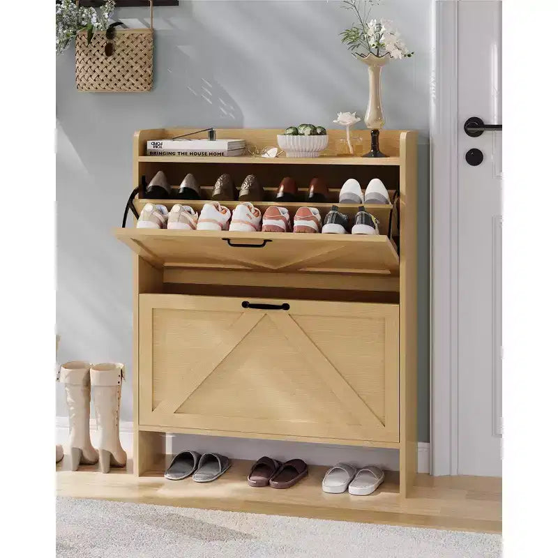 Meuble de rangement à chaussures mince avec 2 tiroirs basculants - Organiseur de style ferme rustique pour entrée, gain de place