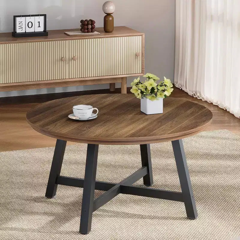 Table basse ronde, Table basse de 91 cm, Tables d'appoint avec pieds épais réglables et grain de bois design, Meubles de salon