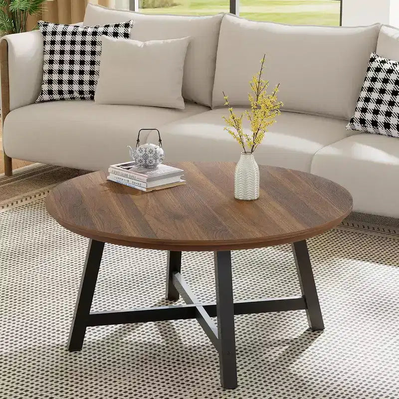 Table basse ronde, Table basse de 91 cm, Tables d'appoint avec pieds épais réglables et grain de bois design, Meubles de salon