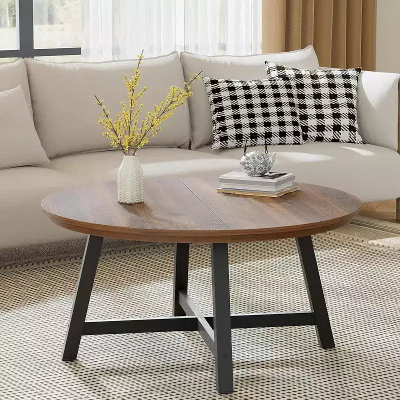 Table basse ronde, Table basse de 91 cm, Tables d'appoint avec pieds épais réglables et grain de bois design, Meubles de salon