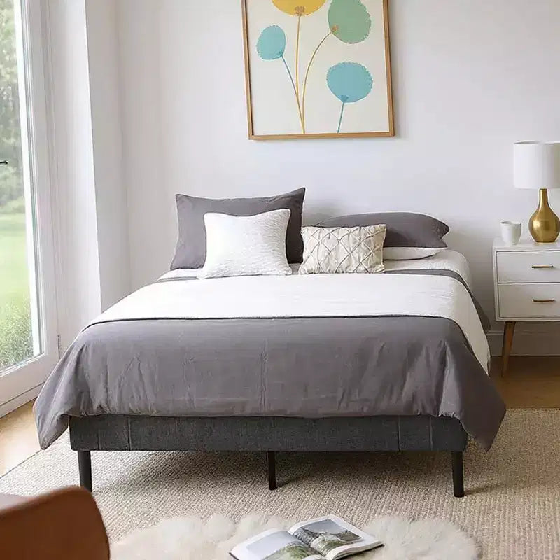 MAYEERTY Platform Bed Frame - Upholstered Padded Headboard, 12 Wood Slats & Center Support Leg