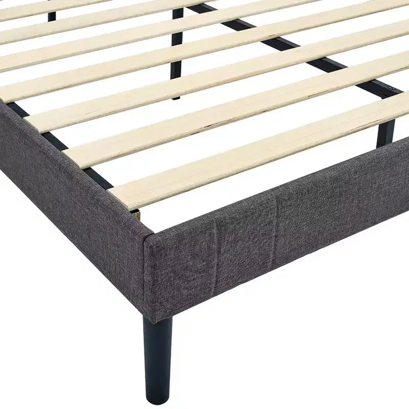 Cadre de lit plateforme – Tête de lit rembourrée capitonnée, 12 lattes en bois et pied de support central