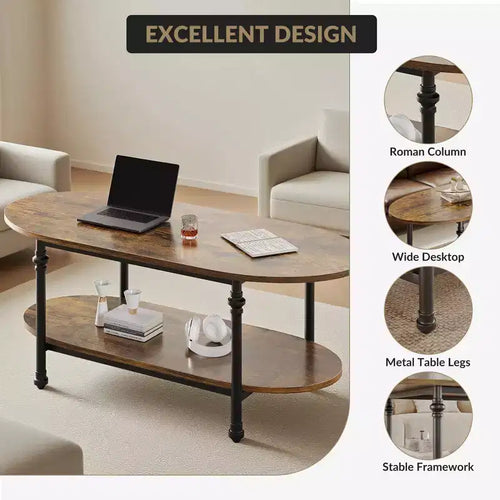 2 Tier Center TableCoffee Brown Table  Modern Industrial Tea Table, for Living Room,