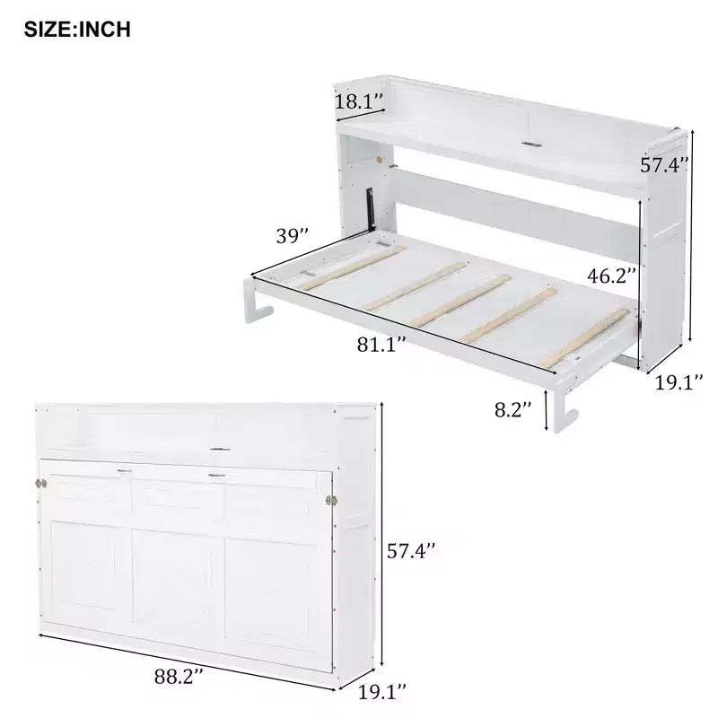 Lit escamotable mural Twin XL Murphy Bed avec étagères de rangement, lit armoire pliant avec bureau, éclairage LED et station de recharge USB