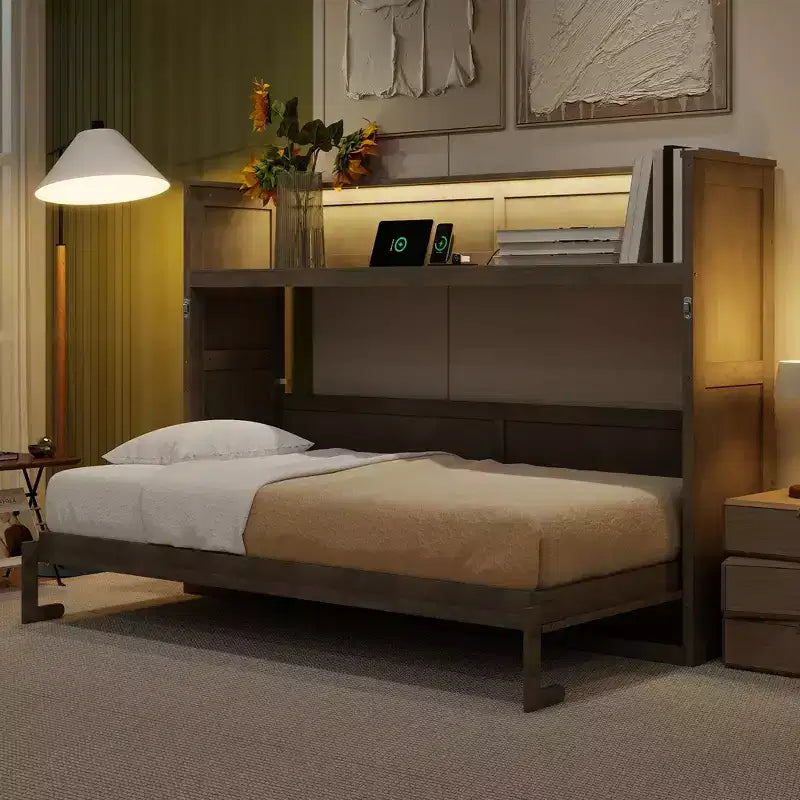 Lit escamotable mural Twin XL Murphy Bed avec étagères de rangement, lit armoire pliant avec bureau, éclairage LED et station de recharge USB