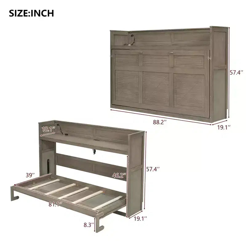 Lit escamotable mural Twin XL Murphy Bed avec étagères de rangement, lit armoire pliant avec bureau, éclairage LED et station de recharge USB