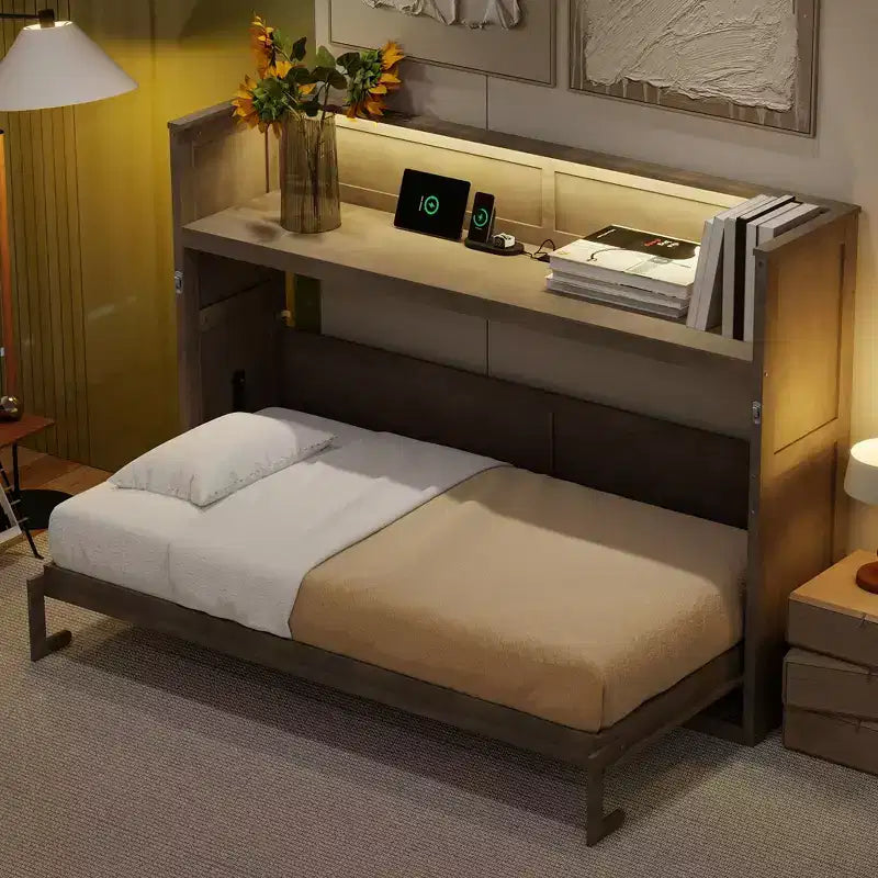 Lit escamotable mural Twin XL Murphy Bed avec étagères de rangement, lit armoire pliant avec bureau, éclairage LED et station de recharge USB
