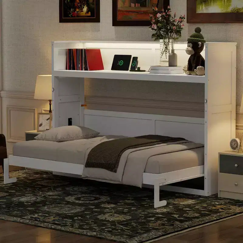Lit escamotable mural Twin XL Murphy Bed avec étagères de rangement, lit armoire pliant avec bureau, éclairage LED et station de recharge USB