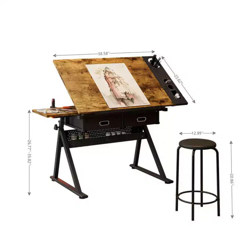 Table à dessin et de traçage réglable en bois avec 2 tiroirs et tabouret — Bureau de dessin pour artistes