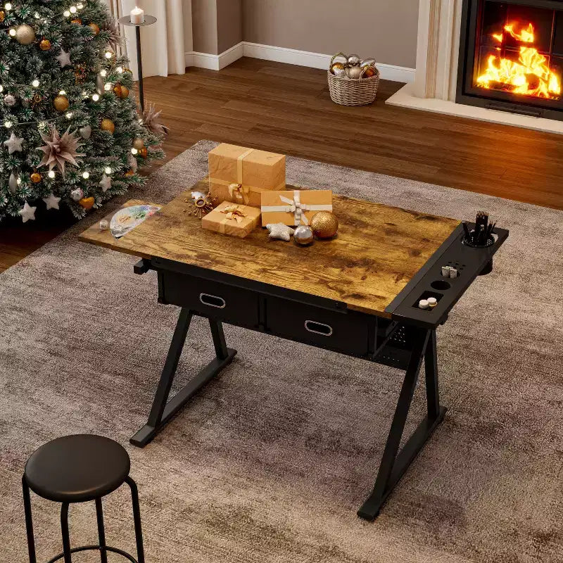 Table à dessin et de traçage réglable en bois avec 2 tiroirs et tabouret — Bureau de dessin pour artistes
