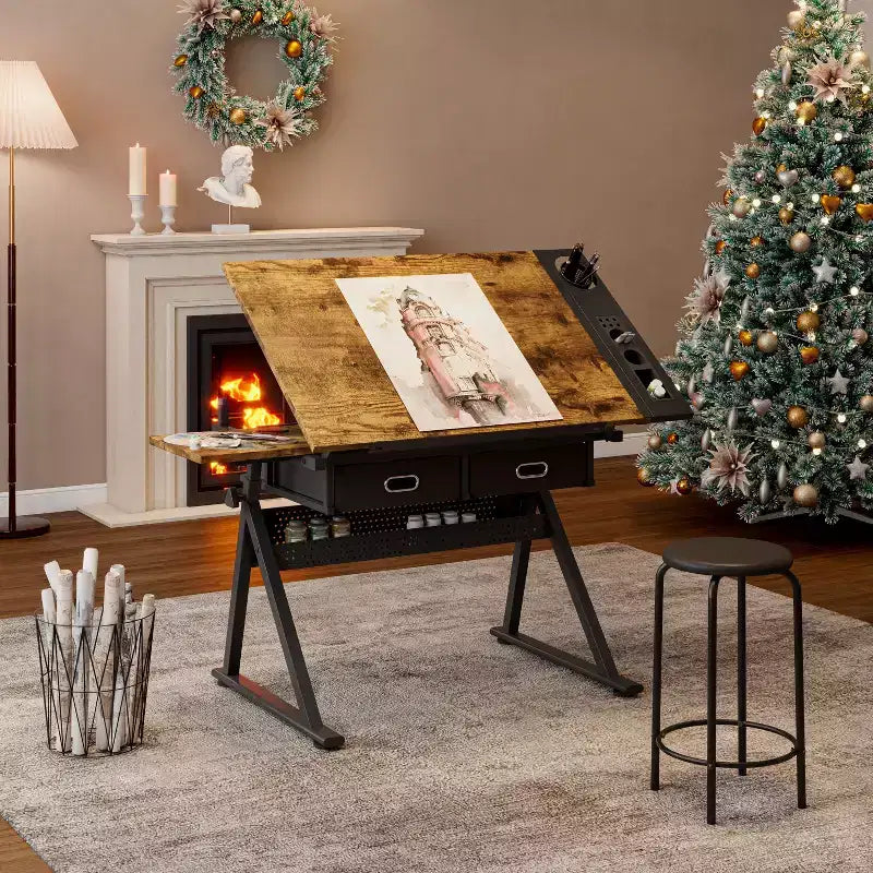 Table à dessin et de traçage réglable en bois avec 2 tiroirs et tabouret — Bureau de dessin pour artistes