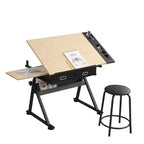 Okak Wooden Adjustable Drawing Drafting Table with 2 Drawers & Stool,Drawing Drafting Desk for Artist