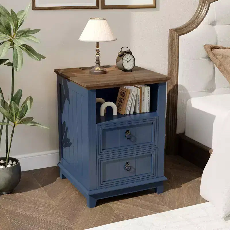 GustoWave Farmhouse Nightstand with 2 Drawers, Wooden Bedside Table, Compact End Table for Bedroom Living Room, Blue