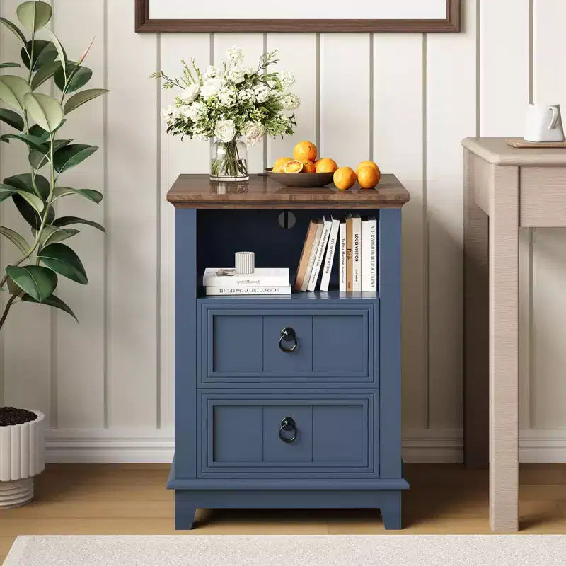 Table de chevet de ferme à 2 tiroirs, Table de chevet en bois, Table d'appoint compacte pour chambre à coucher et salon, Bleu