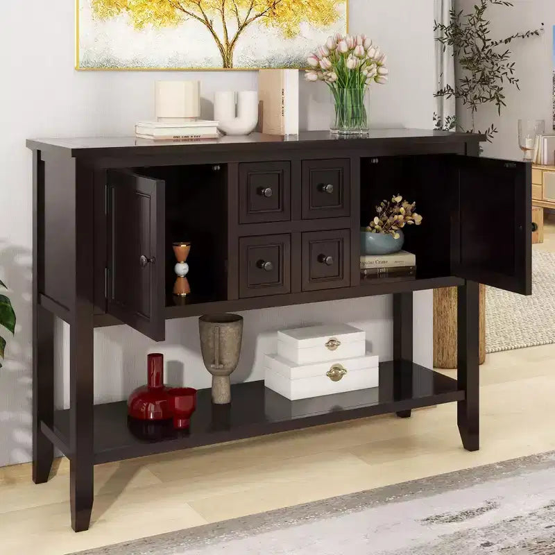 Vintage Console Table, Rustic Wood Storage Cabinet with 2 Large Cabinets, 4 Drawers & Bottom Shelf, for Living Room or Entryway, Espresso