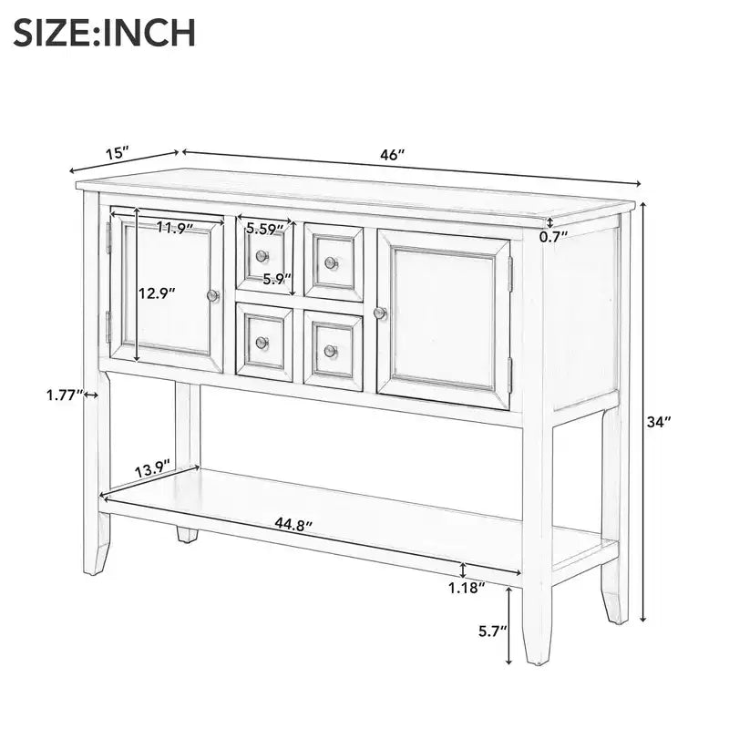 Console vintage, meuble de rangement rustique en bois avec 2 grands placards, 4 tiroirs et étagère inférieure, pour salon ou entrée, espresso