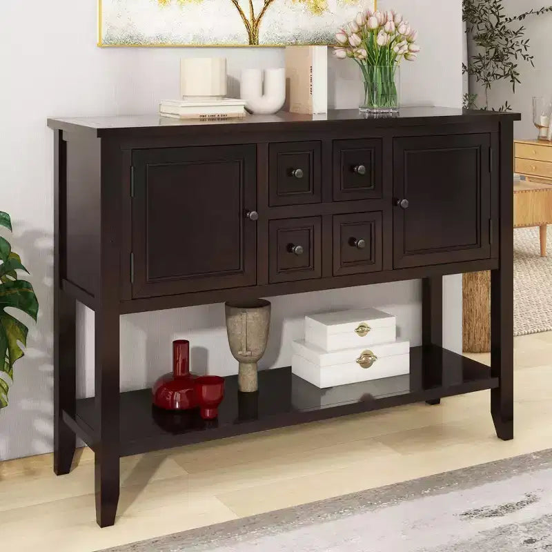 Console vintage, meuble de rangement rustique en bois avec 2 grands placards, 4 tiroirs et étagère inférieure, pour salon ou entrée, espresso