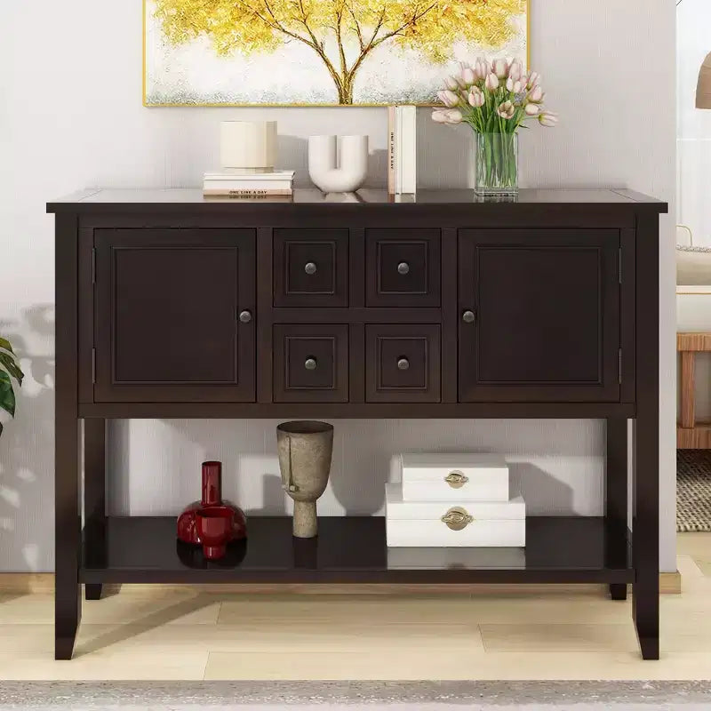 Console vintage, meuble de rangement rustique en bois avec 2 grands placards, 4 tiroirs et étagère inférieure, pour salon ou entrée, espresso