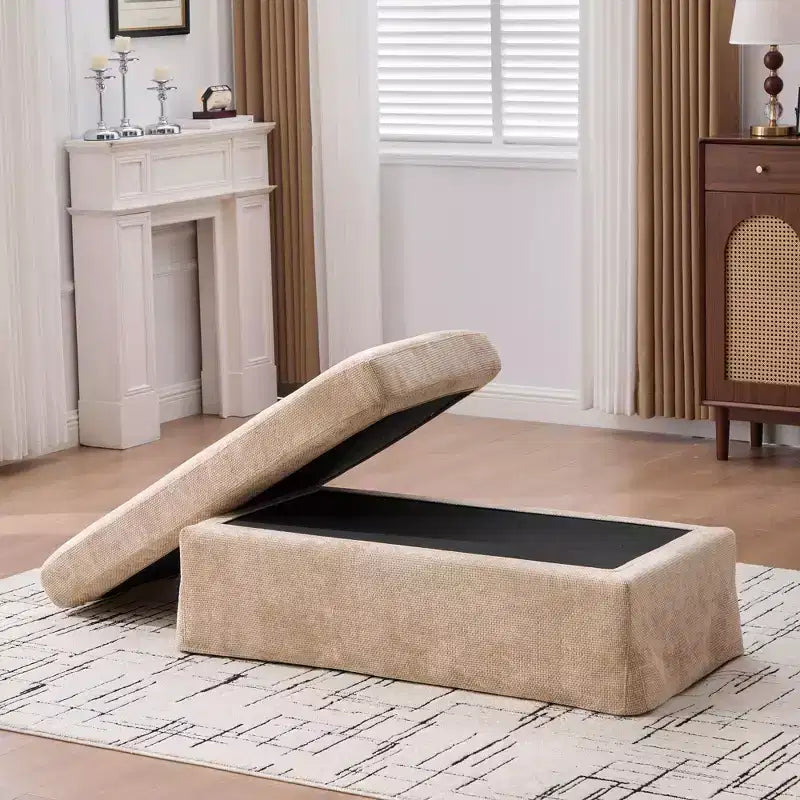 Banc ottoman de rangement moderne sans accoudoirs en chenille avec pieds en métal noir, pouf ottoman rembourré pour salon, chambre à coucher