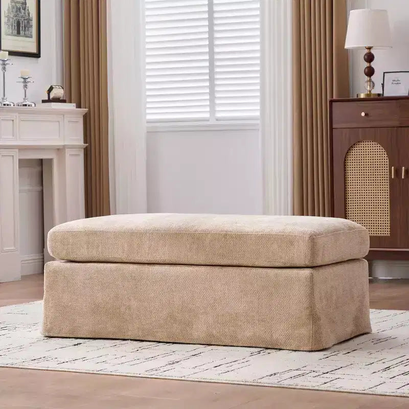 Banc ottoman de rangement moderne sans accoudoirs en chenille avec pieds en métal noir, pouf ottoman rembourré pour salon, chambre à coucher