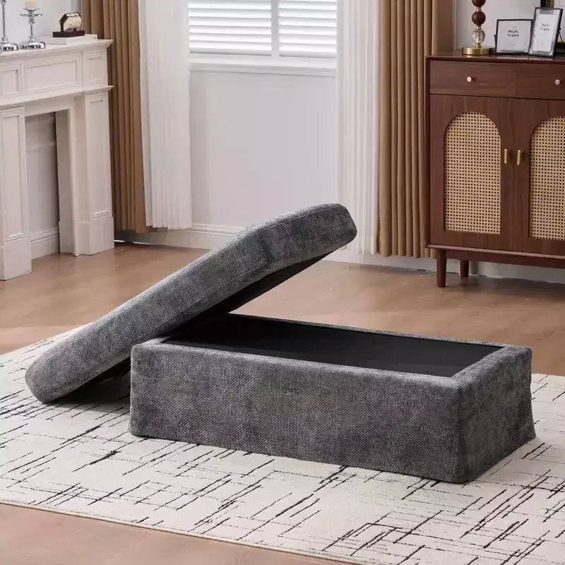 Banc ottoman de rangement moderne sans accoudoirs en chenille avec pieds en métal noir, pouf ottoman rembourré pour salon, chambre à coucher