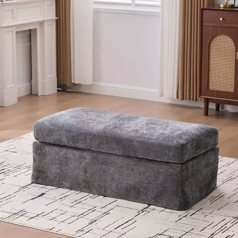 Banc ottoman de rangement moderne sans accoudoirs en chenille avec pieds en métal noir, pouf ottoman rembourré pour salon, chambre à coucher